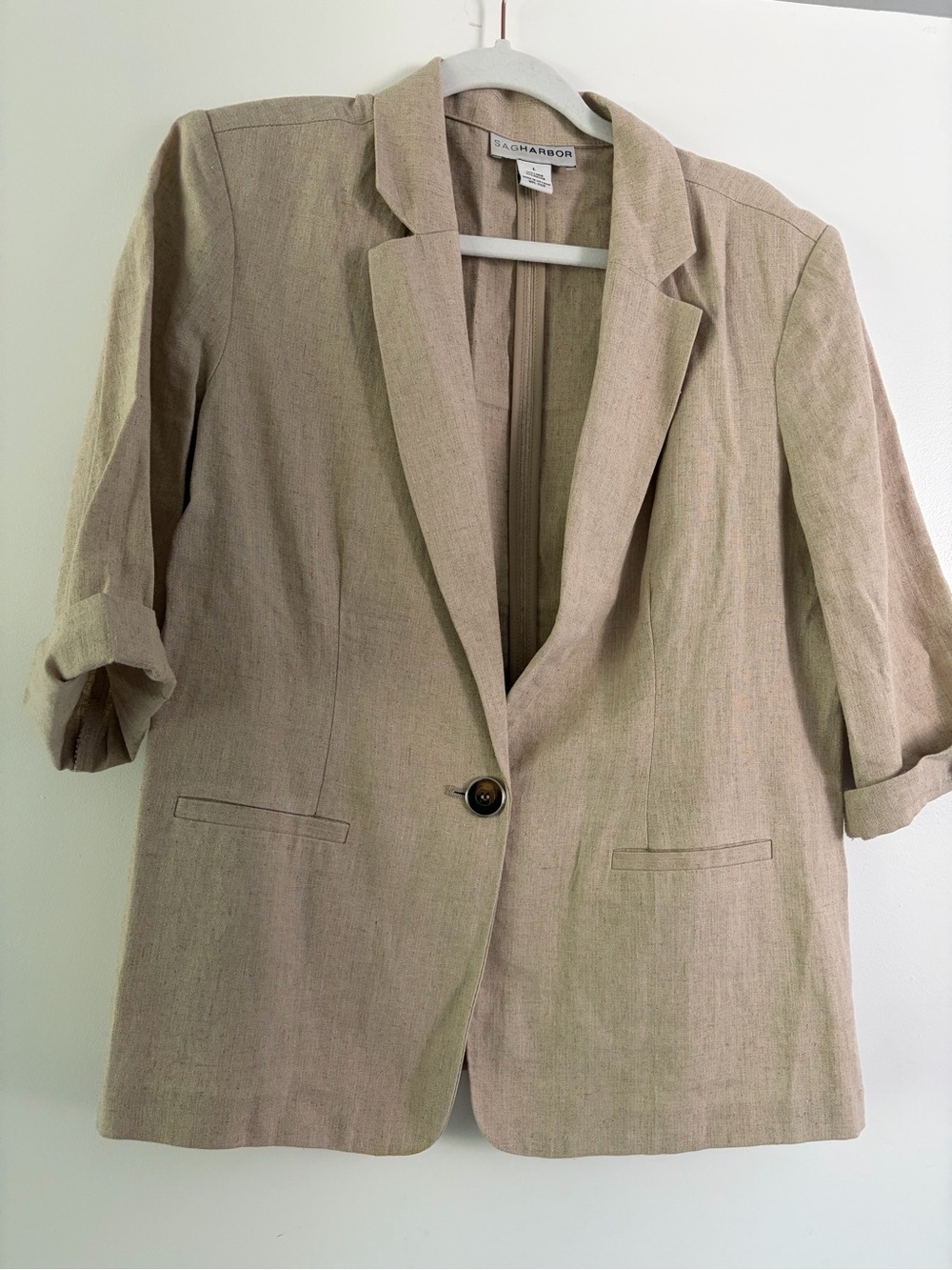 Sag Harbor Neutral Tan Single-Button Linen-Blend Blazer
